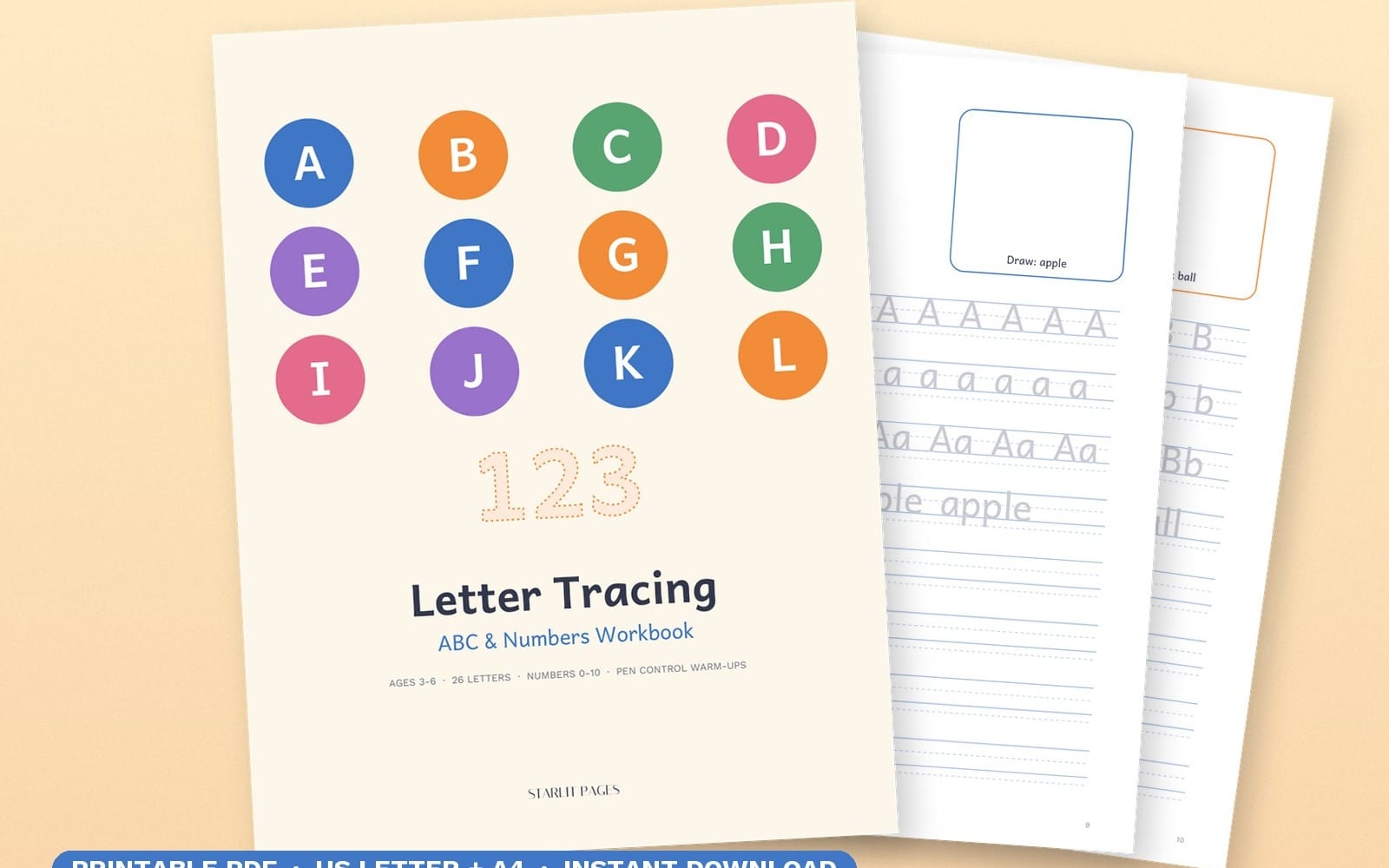 Preschool letter tracing workbook PDF cover with ABC letters, numbers 0-10, and worksheet pages showing trace lines