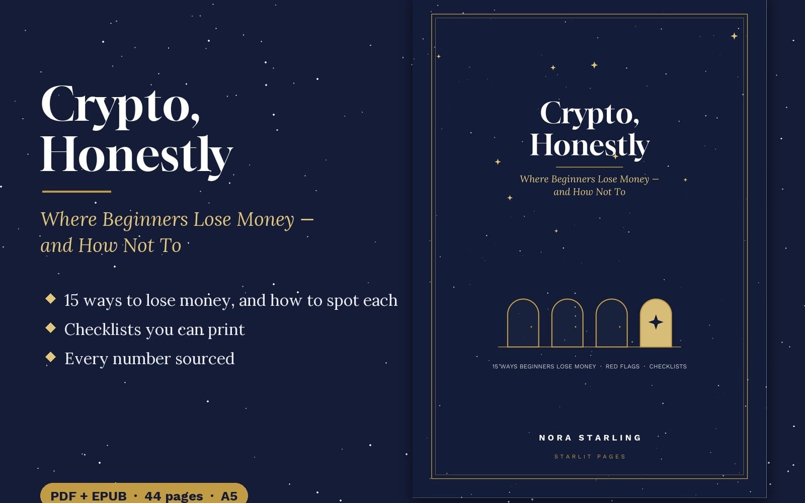 Two-page promotional cover for a crypto beginner guide PDF and EPUB titled Crypto, Honestly