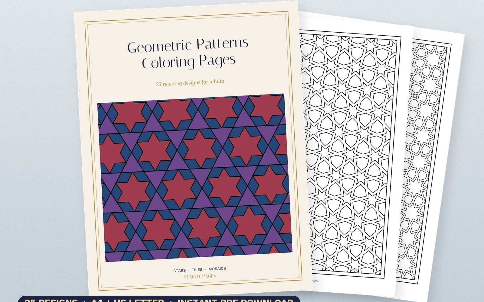 Geometric pattern coloring pages PDF showing star designs and printed outline sheets for coloring