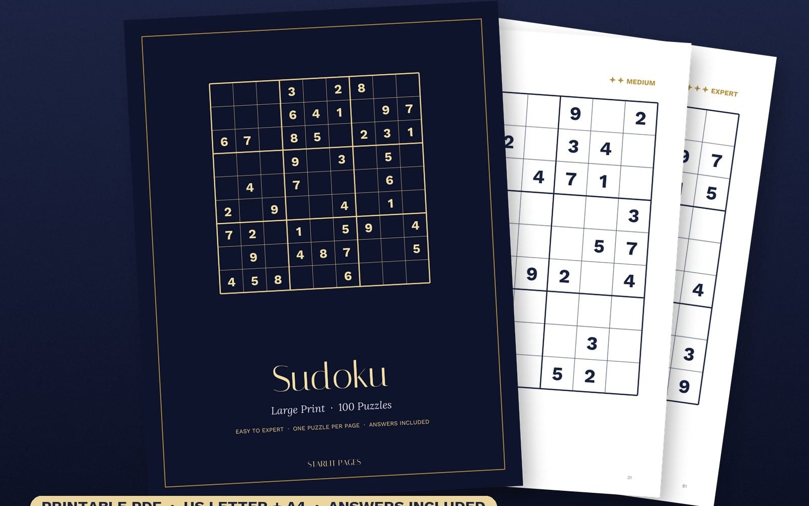 Large print Sudoku puzzle book cover with grids and numbers plus interior pages showing solve examples with answers