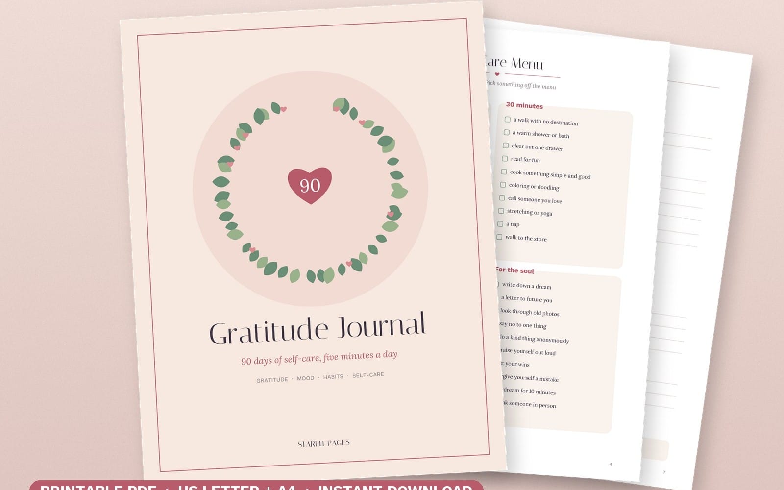 Printable 90-day gratitude journal PDF pages with heart-and-leaves graphic and self-care mood tracker checklists