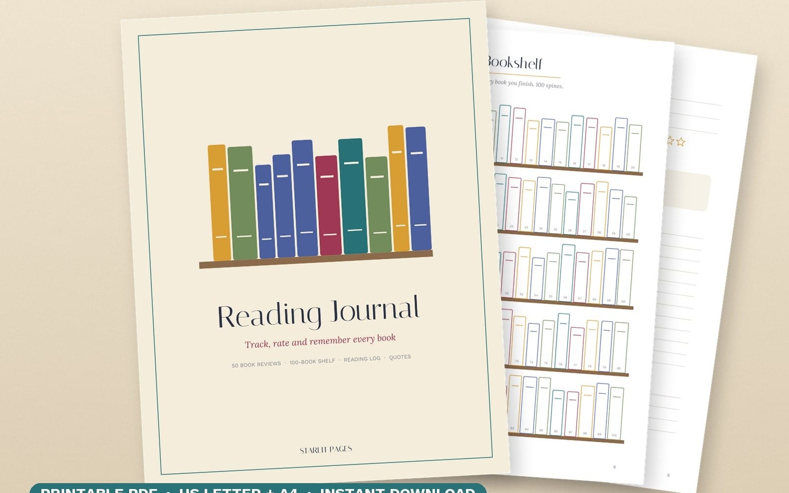 Printable reading journal PDF with Reading Journal cover and book log and 100-book shelf tracker pages shown