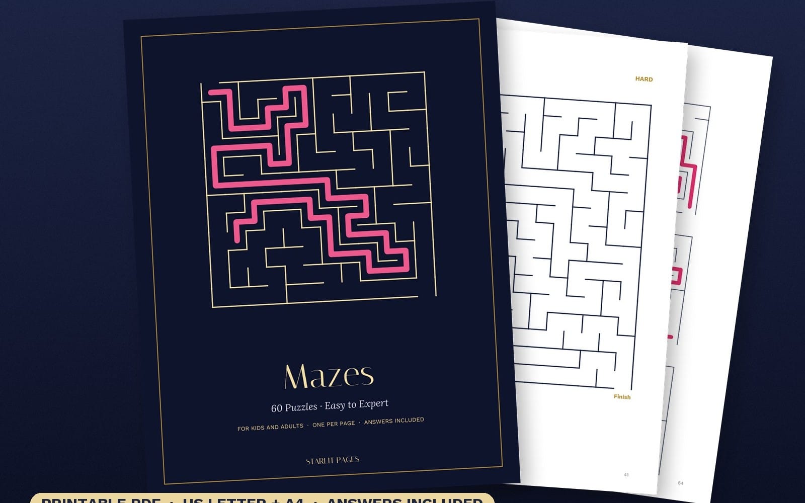 Printable PDF maze puzzle book cover with colorful maze lines and white puzzle pages for kids and adults
