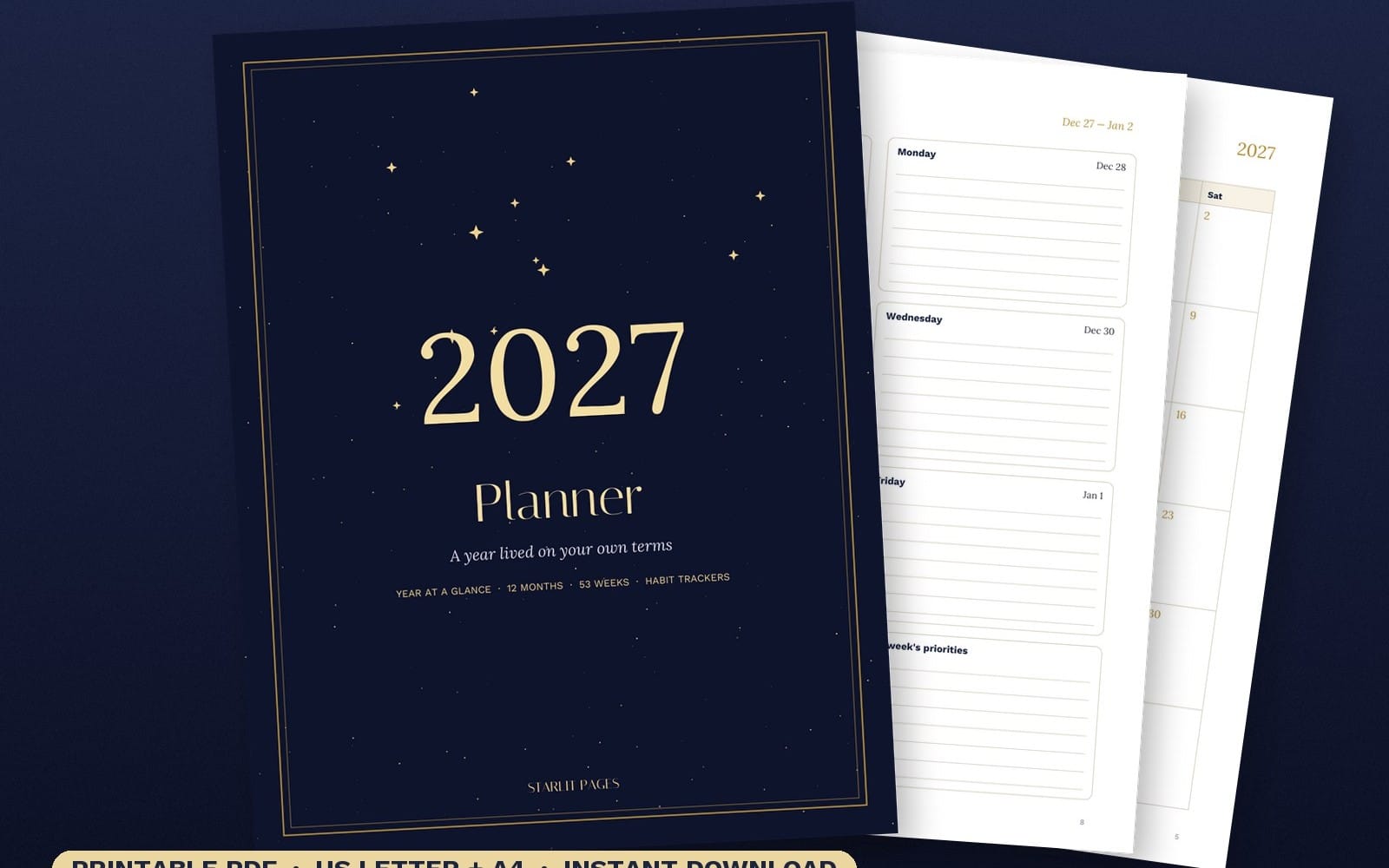 2027 printable planner PDF with year cover, monthly and weekly pages, and habit tracker templates