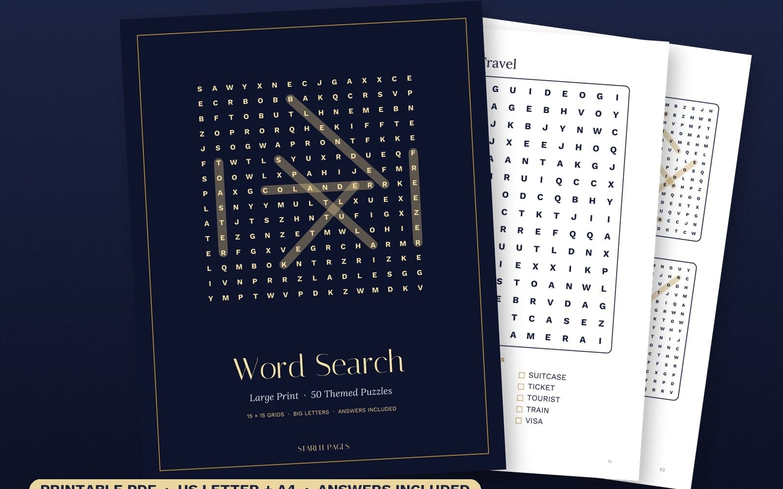 Large print word search puzzle book PDF cover with Halloween Christmas themed grids and solution pages displayed