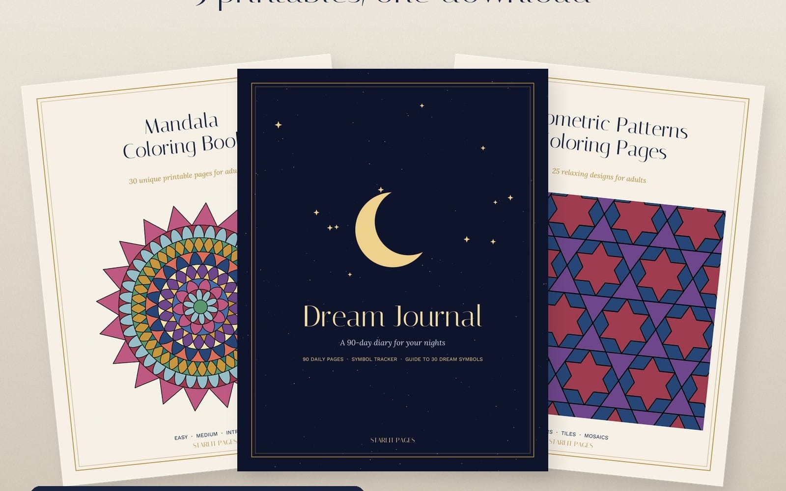Printable PDF bundle cover set with mandala and geometric coloring pages plus dream journal design