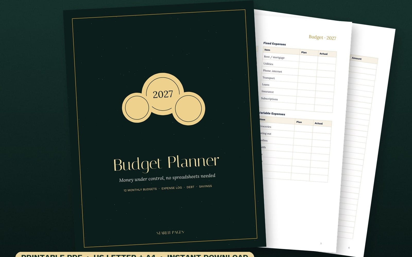 2027 budget planner printable PDF with monthly budget, expense and debt tracker forms on white sheets