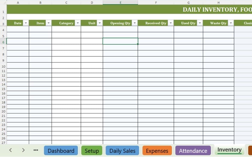 Restaurant management Excel spreadsheet template with daily inventory and food tracking table layout