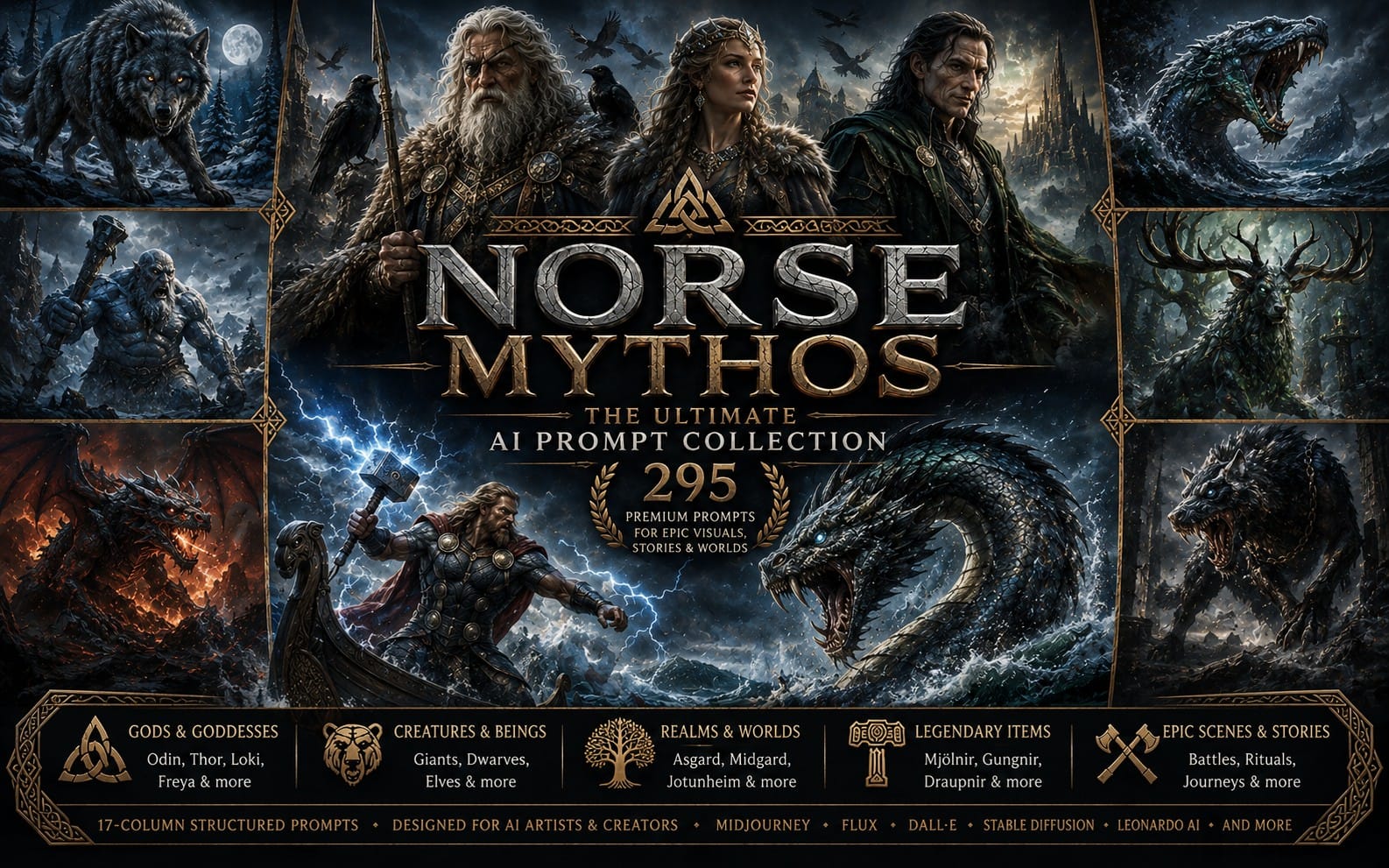 Norse Myths AI prompt collection cover with Viking gods, wolf and dragon beasts, and Norse runes background