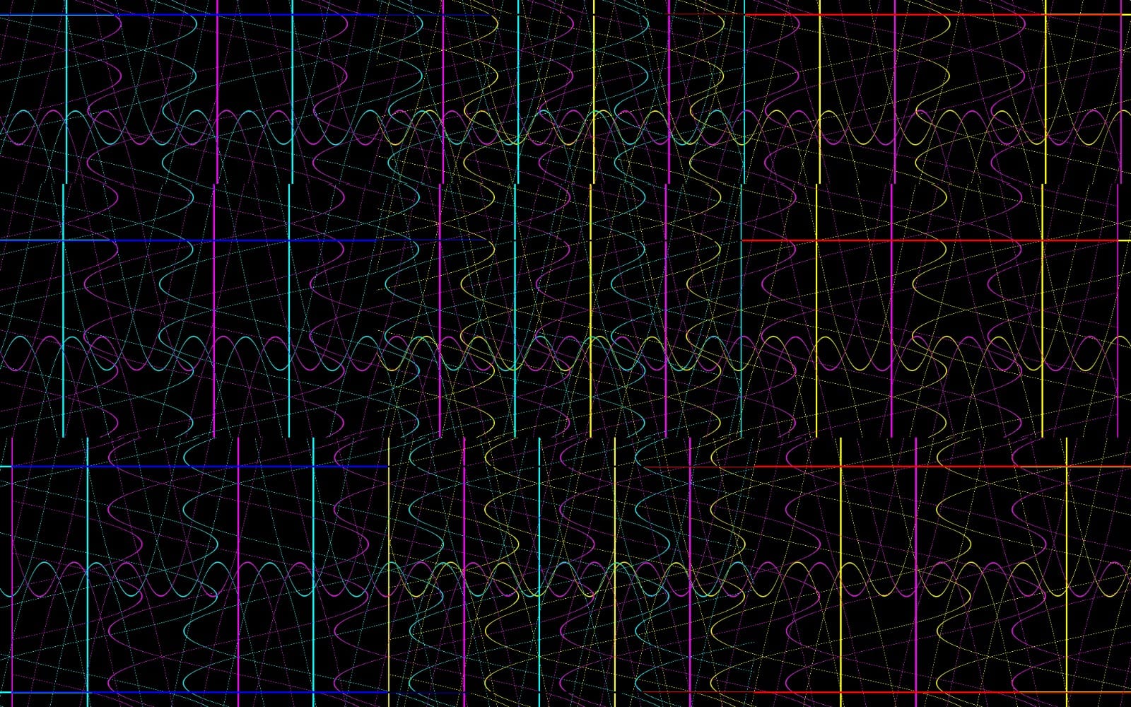 Retro-futuristic waveform abstract vector pattern with neon grid and wavy lines in magenta, cyan, yellow