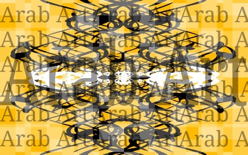 Symmetrical abstract cyber sigil art print PNG with yellow, black, and gray Arabic-like patterns on textured background