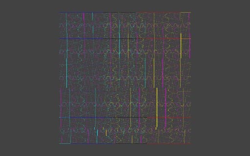 Retro-futuristic abstract waveform vector pattern with neon grid lines and glitchy multicolor textures