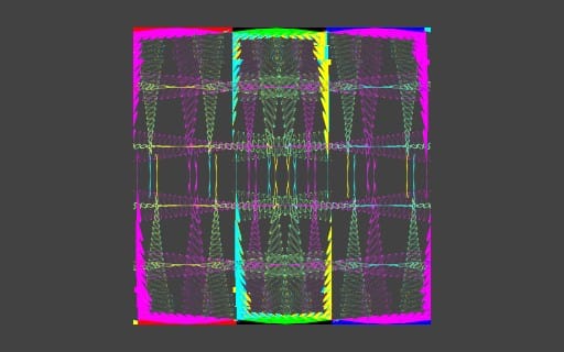 Dark techno vector texture tile with neon glitch grid lines in magenta cyan yellow on black background