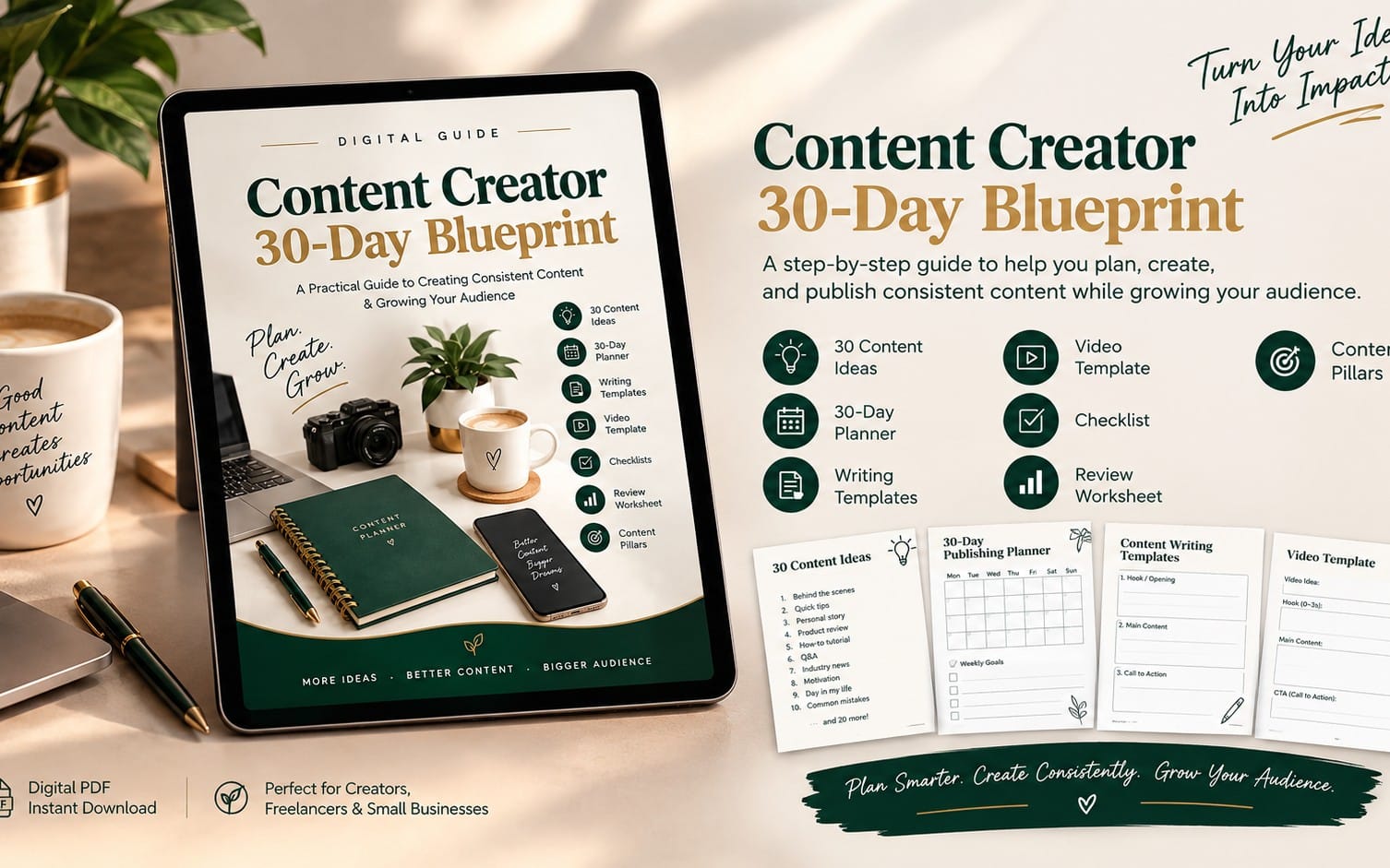 Tablet display and printed pages for a 30-day content creation digital guide with planner and writing templates
