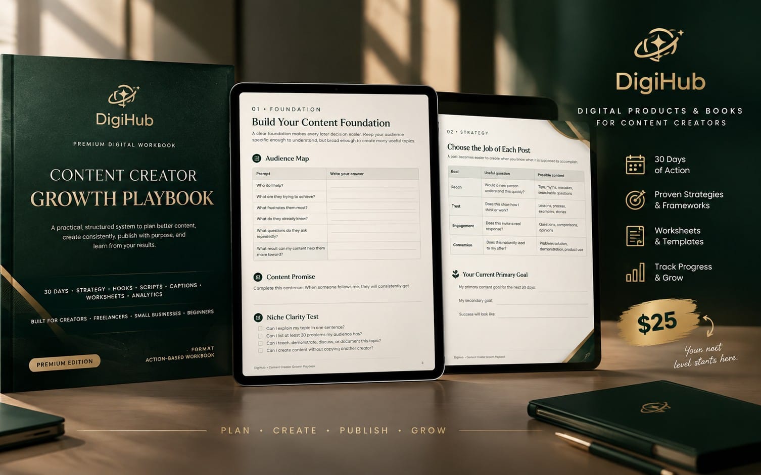 Digital workbook for content creators with two pages shown on a tablet and cover titled Content Creator Growth Playbook