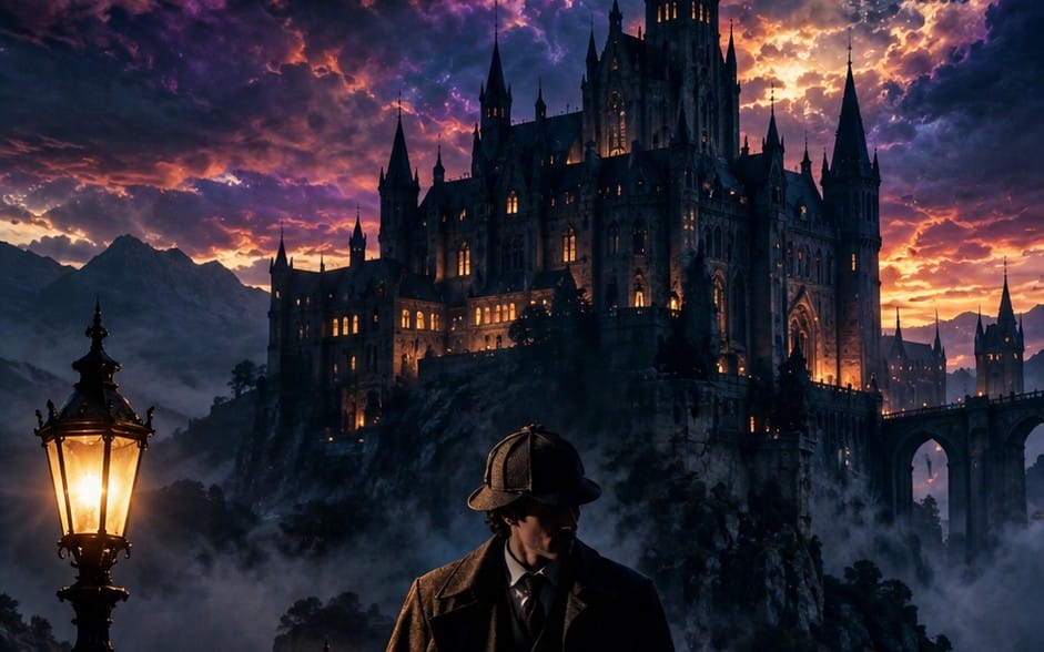 Dark gothic clock tower castle fantasy mobile wallpaper with a lantern and silhouetted man at twilight