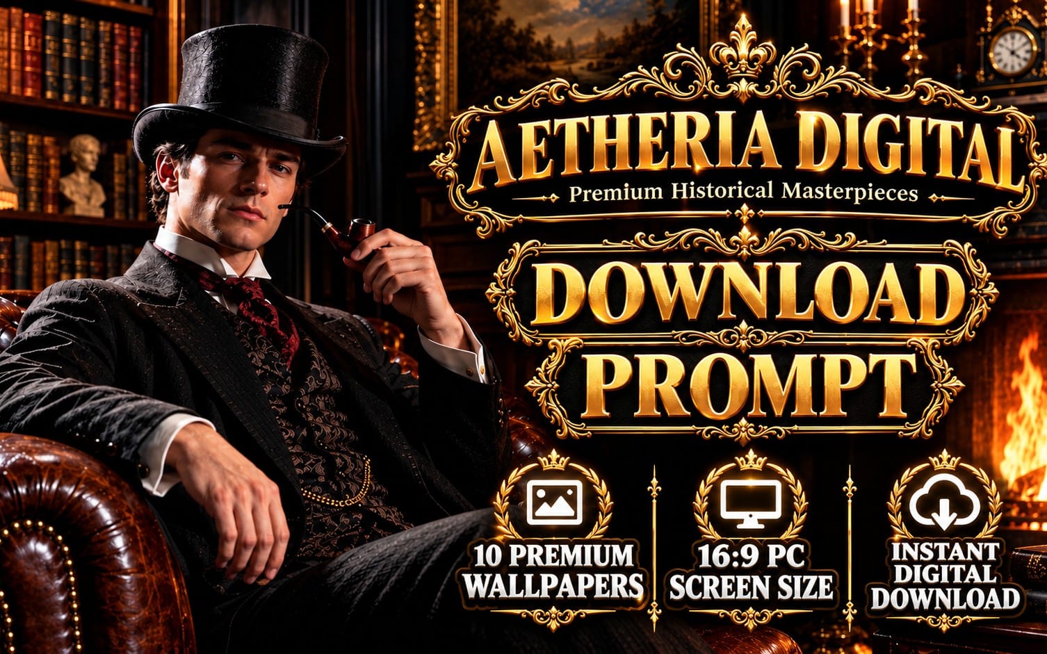 Victorian gentleman with top hat holding a smoking pipe beside ornate text promoting a cinematic AI prompt template
