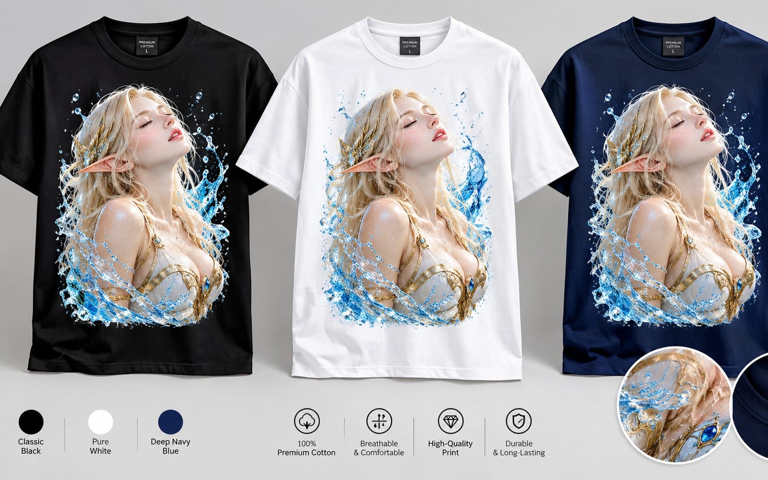 Three shirt designs featuring a fantasy water elf with blue splash graphics for commercial-use digital sticker artwork