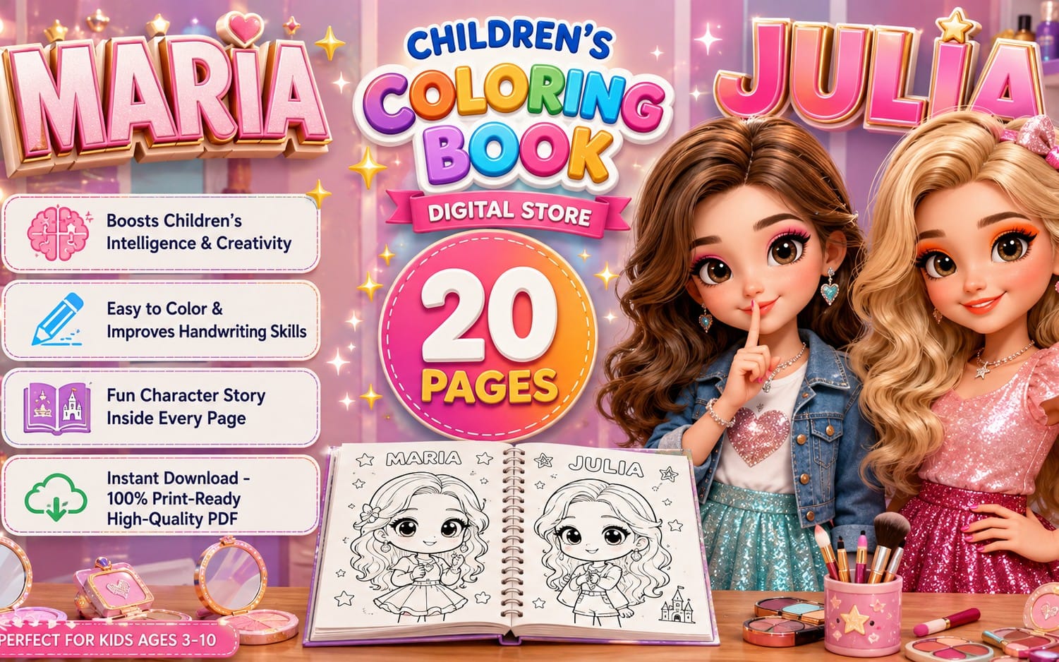 Coloring book digital store banner with 20-page title, kids character sketches in an open workbook, and crayons set