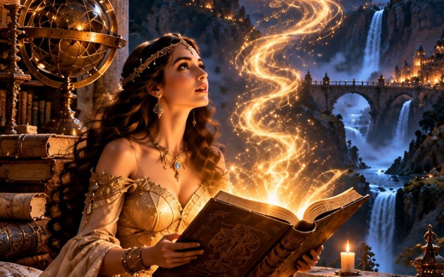 Fantasy phone wallpaper featuring a woman reading a glowing book beside a magical globe and a waterfall castle scene