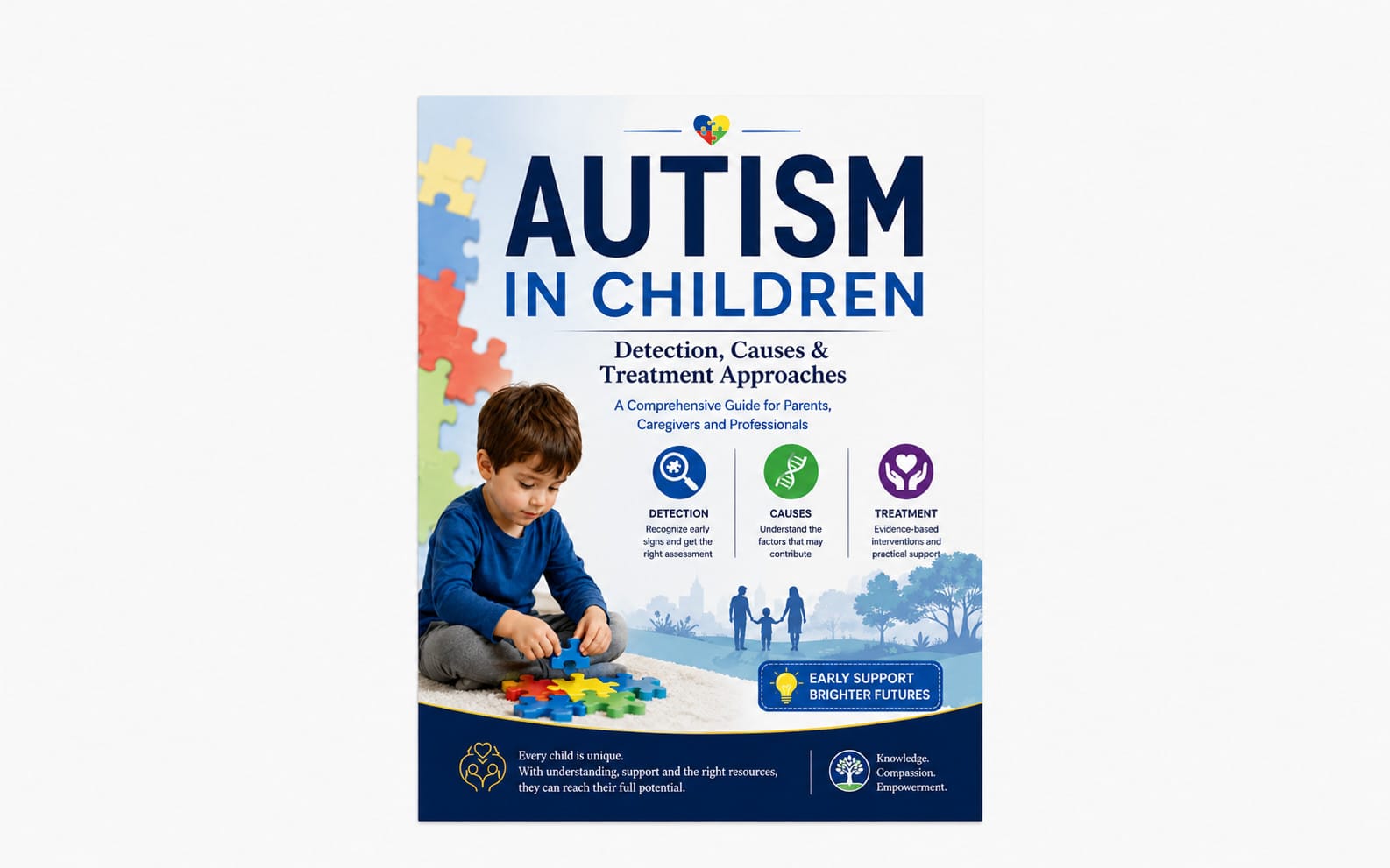 Book cover for Autism in Children: Detection, Causes & Treatment Approaches with a child playing jigsaw puzzle