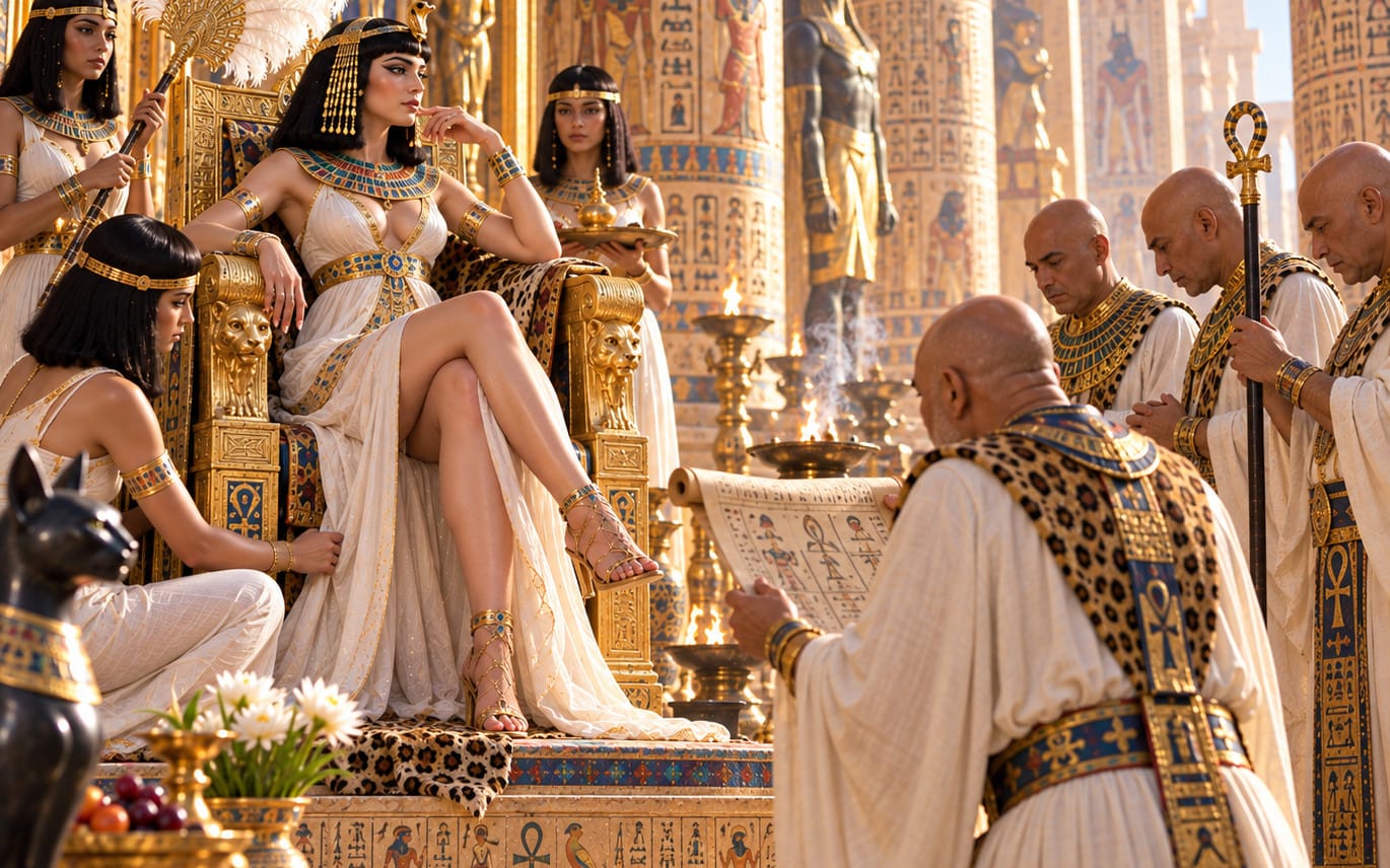 Cinematic fantasy scene with regal Cleopatra woman in gold headdress and priests in an ornate temple setting