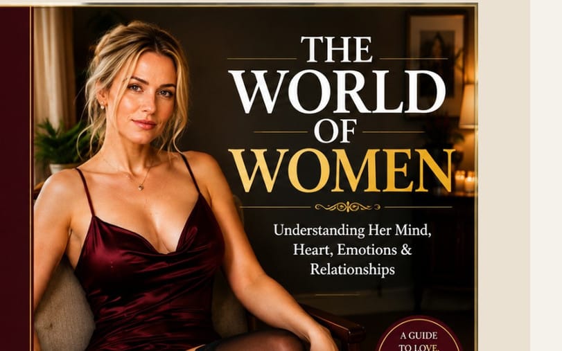 Cover of a relationship self-help ebook titled The World of Women with a seated woman in a dark red dress