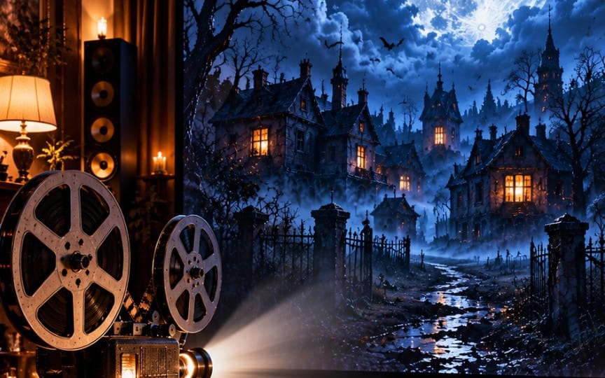 Fantasy montage of 6 beautiful cinematic world images with a medieval night village, moonlit fog, and film reels