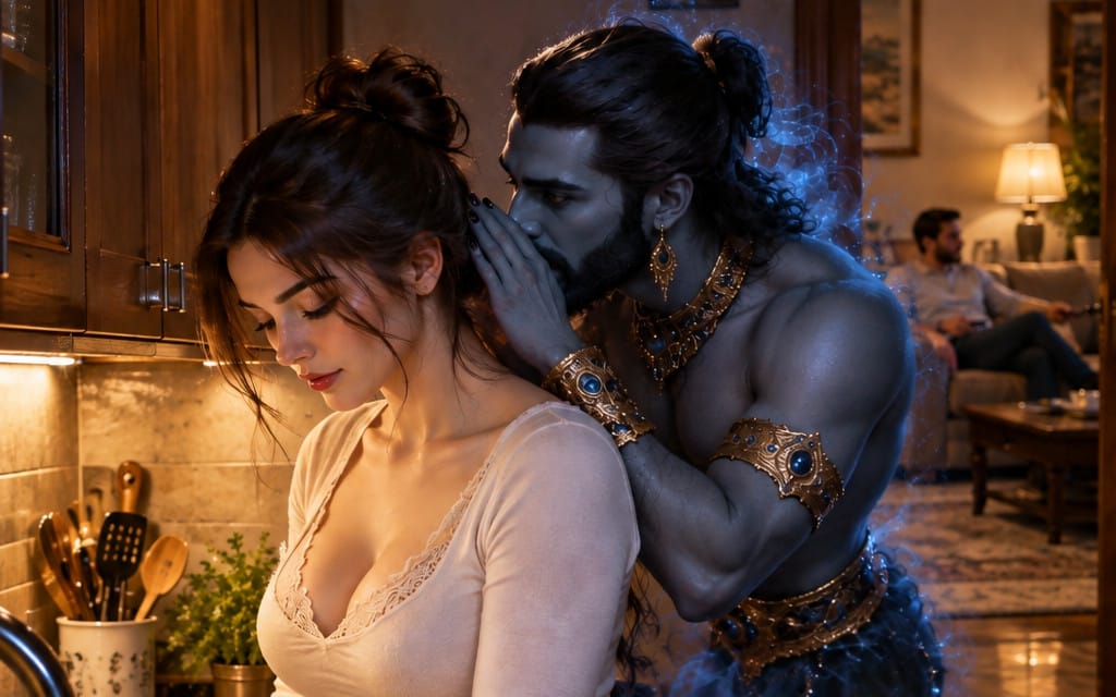 Romantic fantasy digital art scene of an elf-like couple embracing in a warm room, part of an image collection