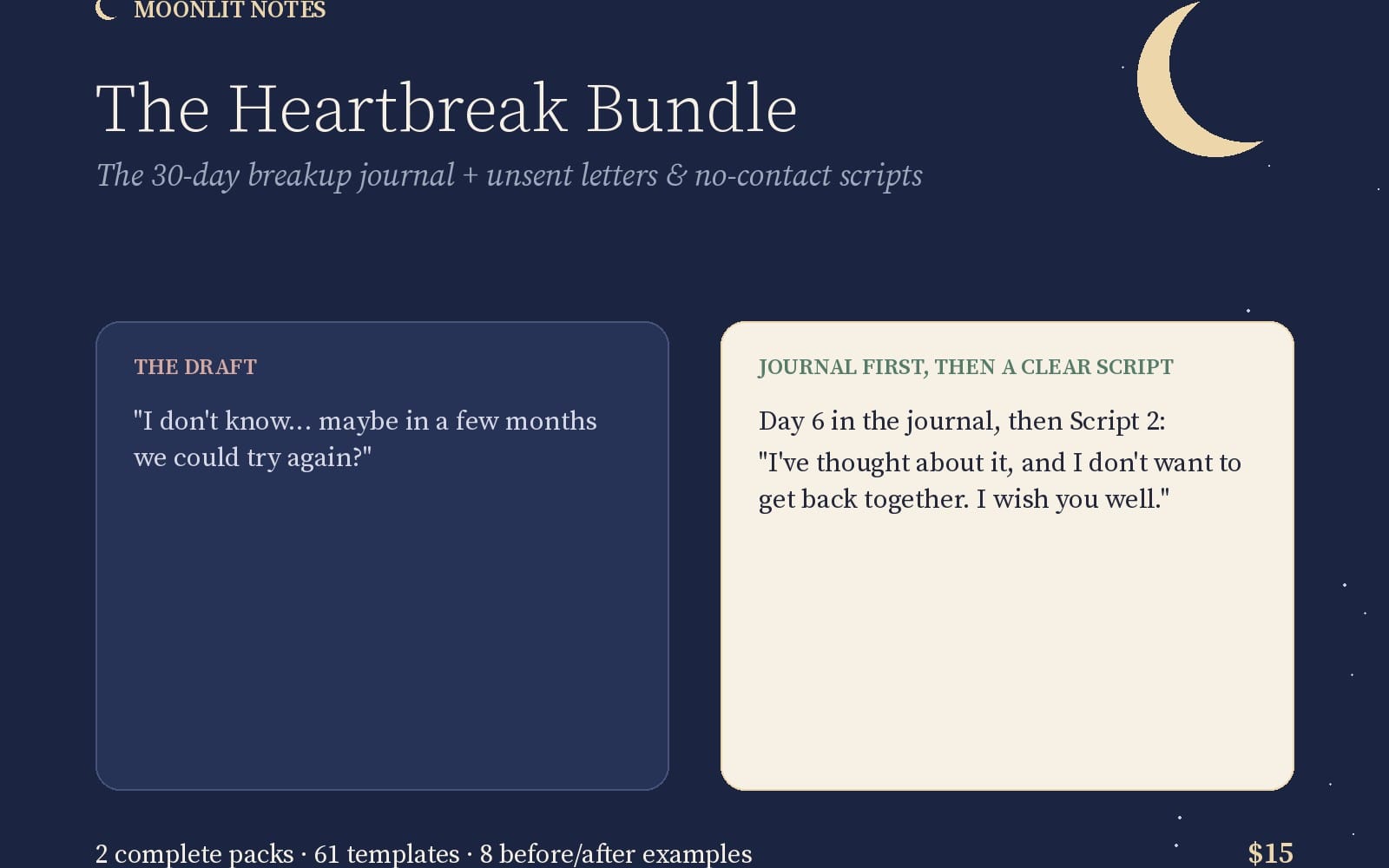 Heartbreak bundle cover for a 30-day breakup journal with unsent letters and no-contact script templates