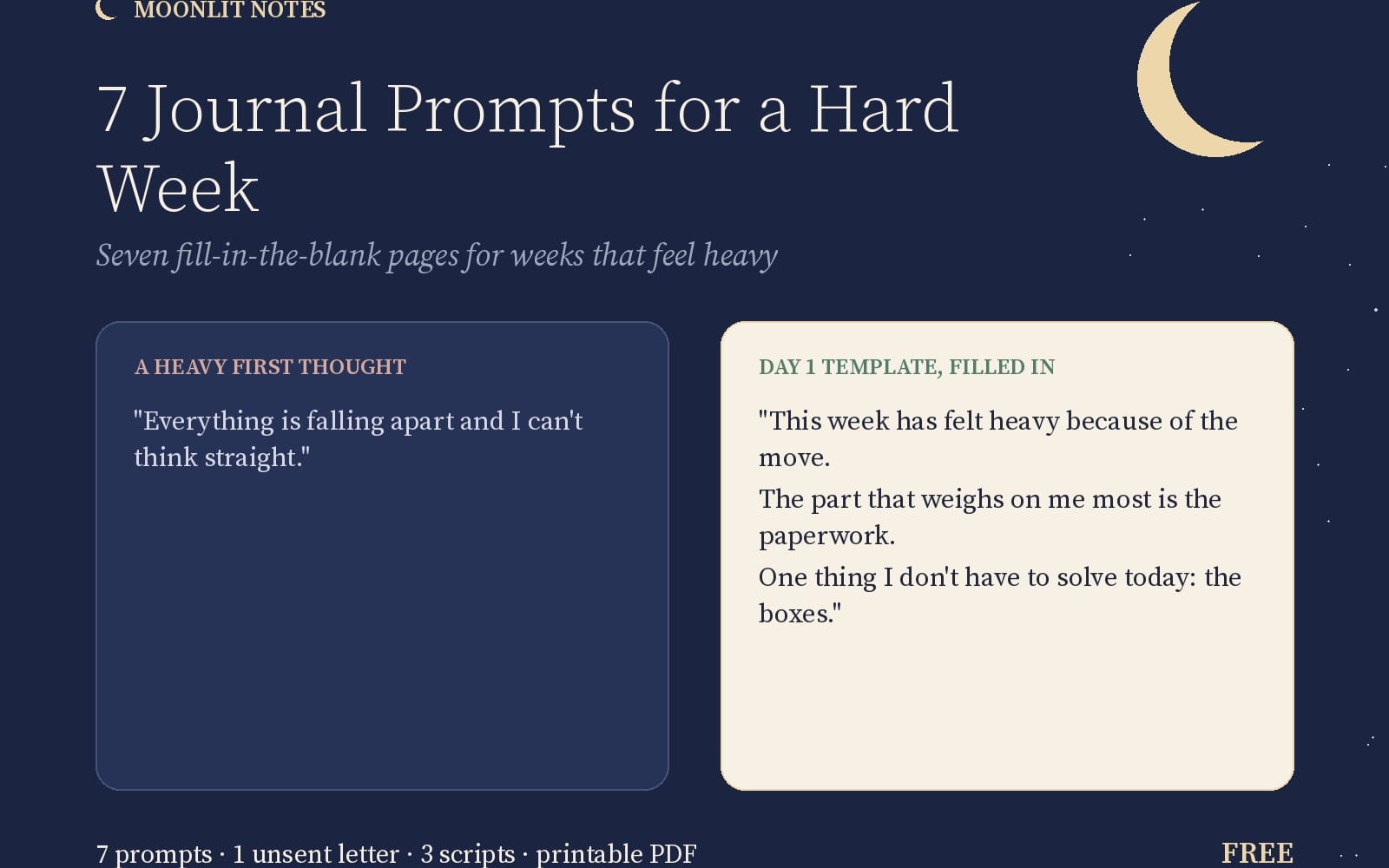 Printable PDF journal prompts design for a hard week with blank pages and filled example quotes on a night sky