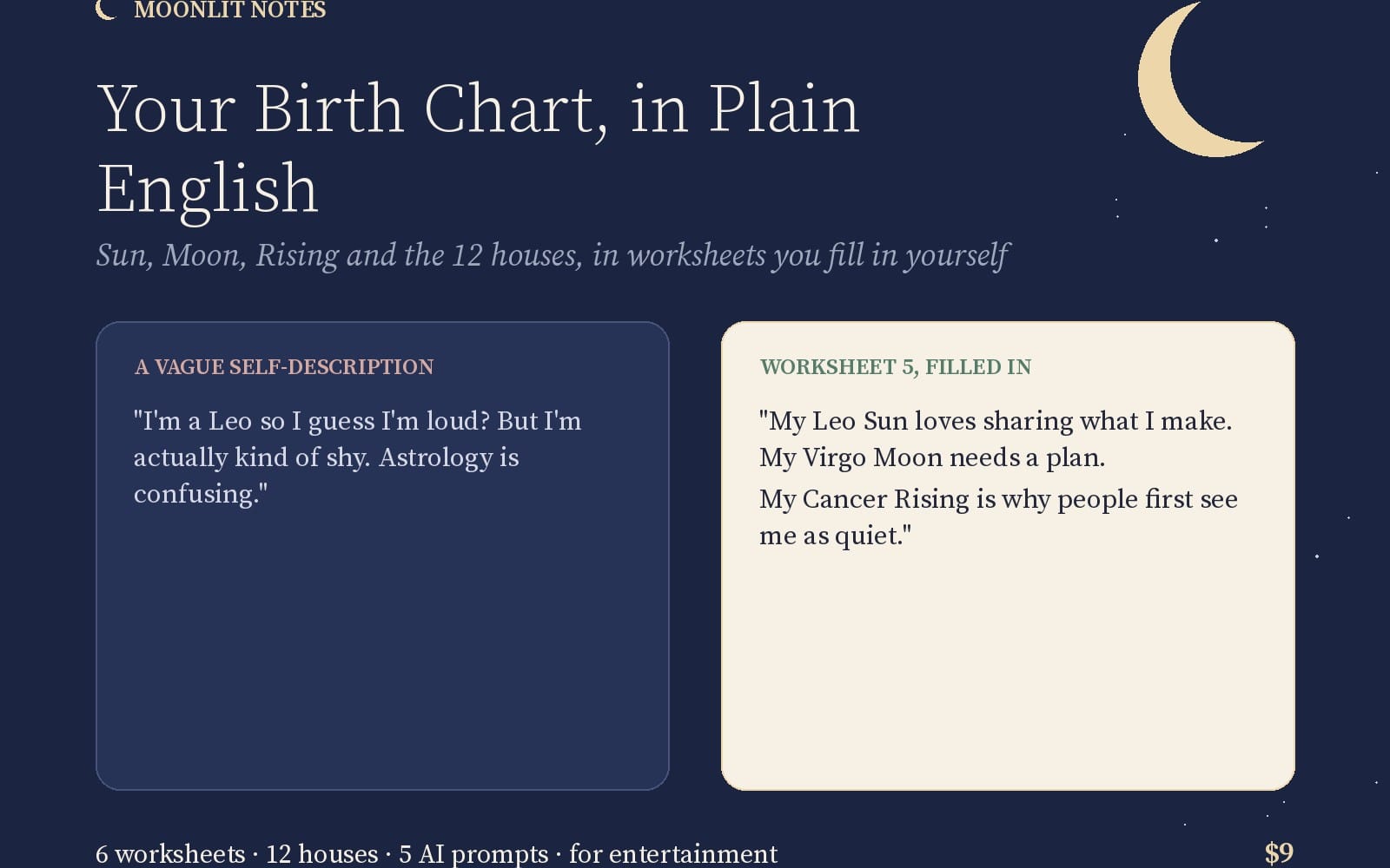 Astrology worksheet cover for a plain-English birth chart guide with Sun, Moon, Rising, and 12 houses sections