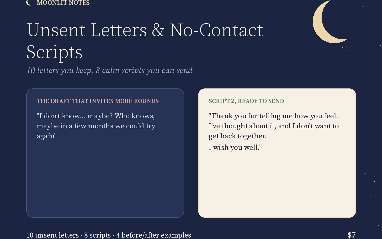 Digital product cover for unsent letters and no-contact scripts with sample letter text on two cards