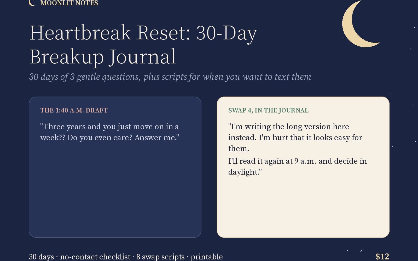 Heartbreak recovery journal digital product cover with two fill-in pages and text about a 30-day breakup reset