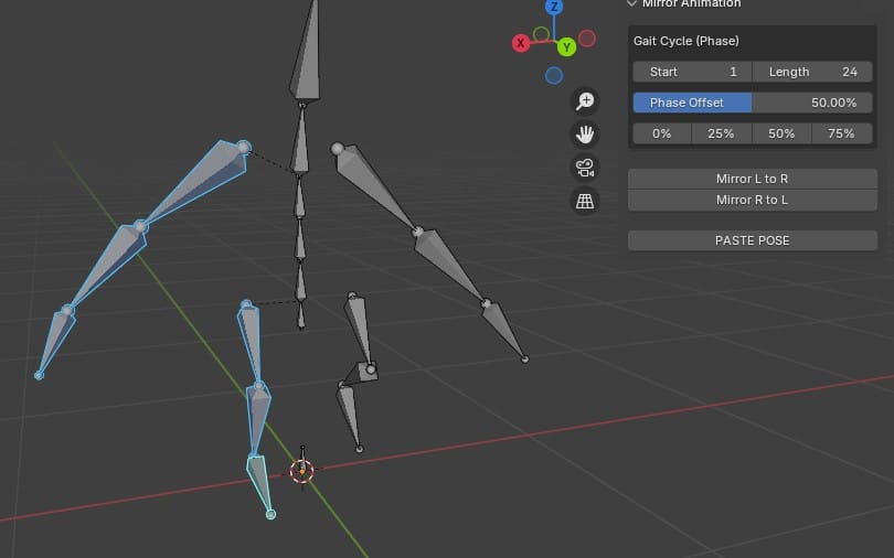 Blender animation interface showing mirror L/R keyframe tool with rig poses and timeline controls