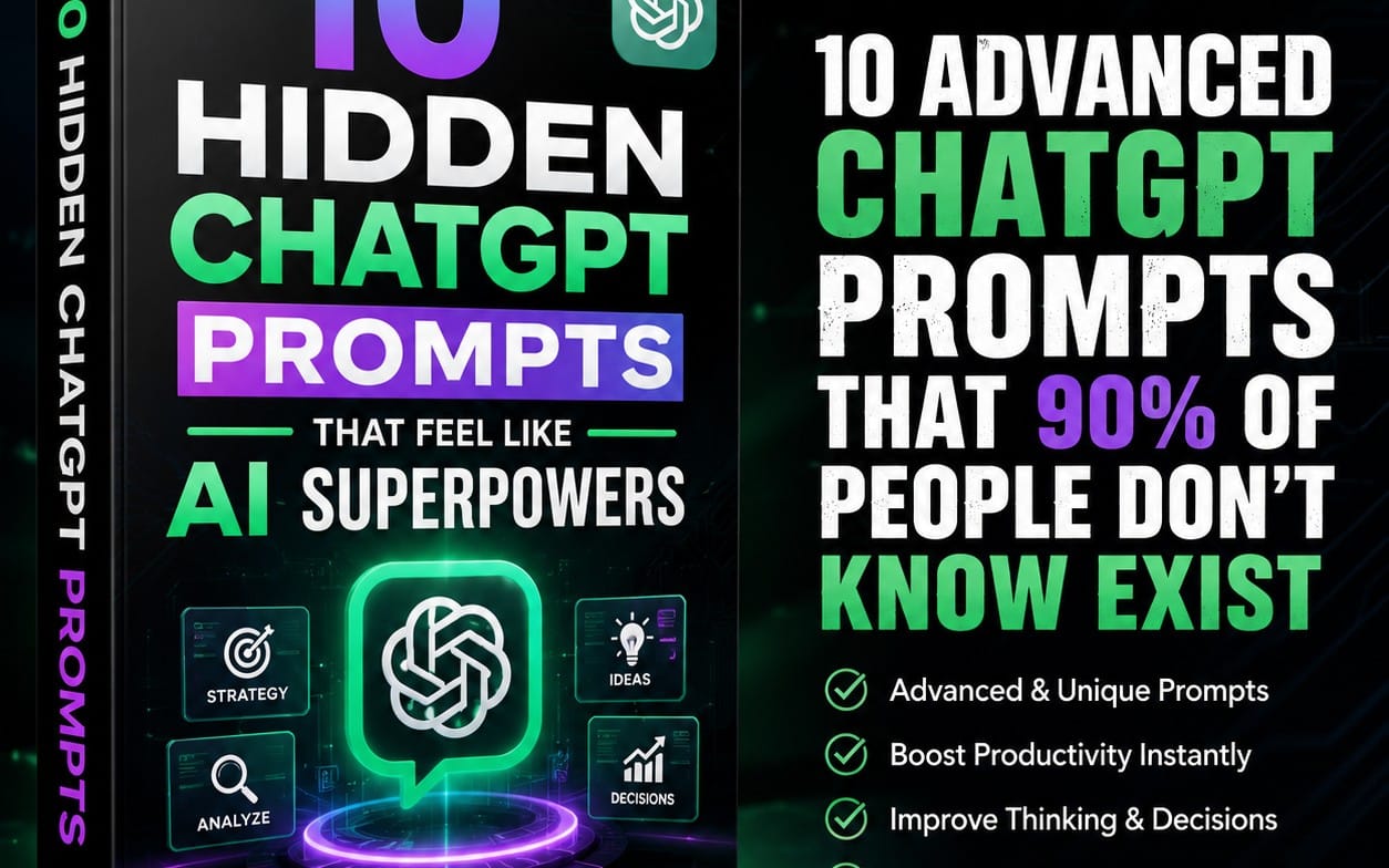 Cover design for a digital ChatGPT prompt guide titled Hidden ChatGPT Prompts and 10 Advanced ChatGPT Prompts