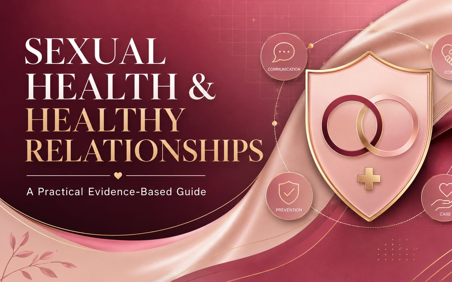 Sexual health and healthy relationships premium guide cover with shield icon, rose-gold hand, and communication