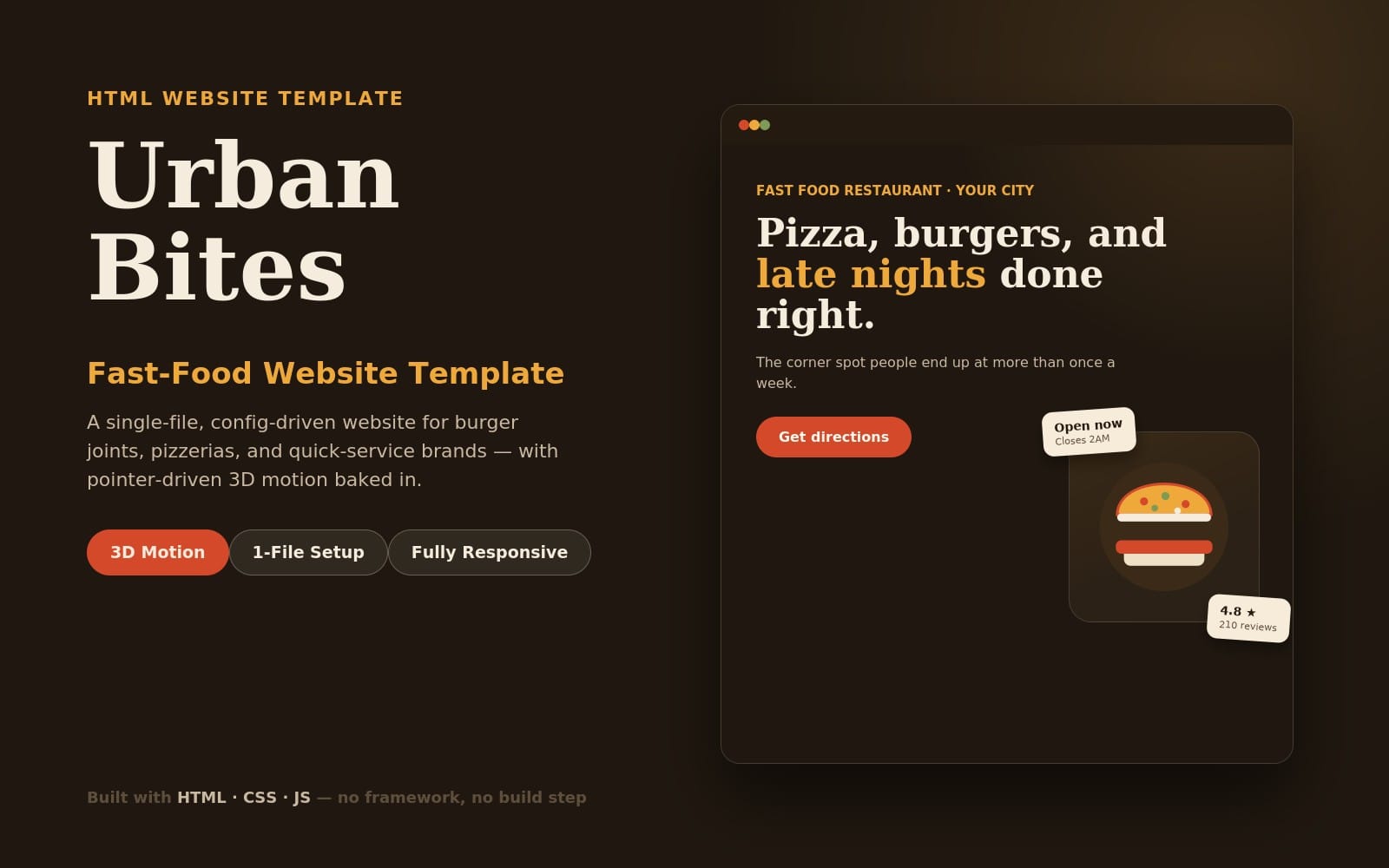 Urban Bites fast food restaurant HTML website template with pizza and burger hero text and call-to-action buttons