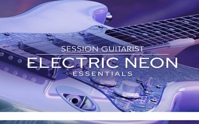Electric neon session guitarist promotional banner for a professional original music library digital sound pack