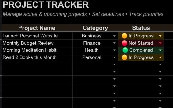 Google Sheets minimalist project tracker table showing project name, category, status dropdowns, and deadline tracking