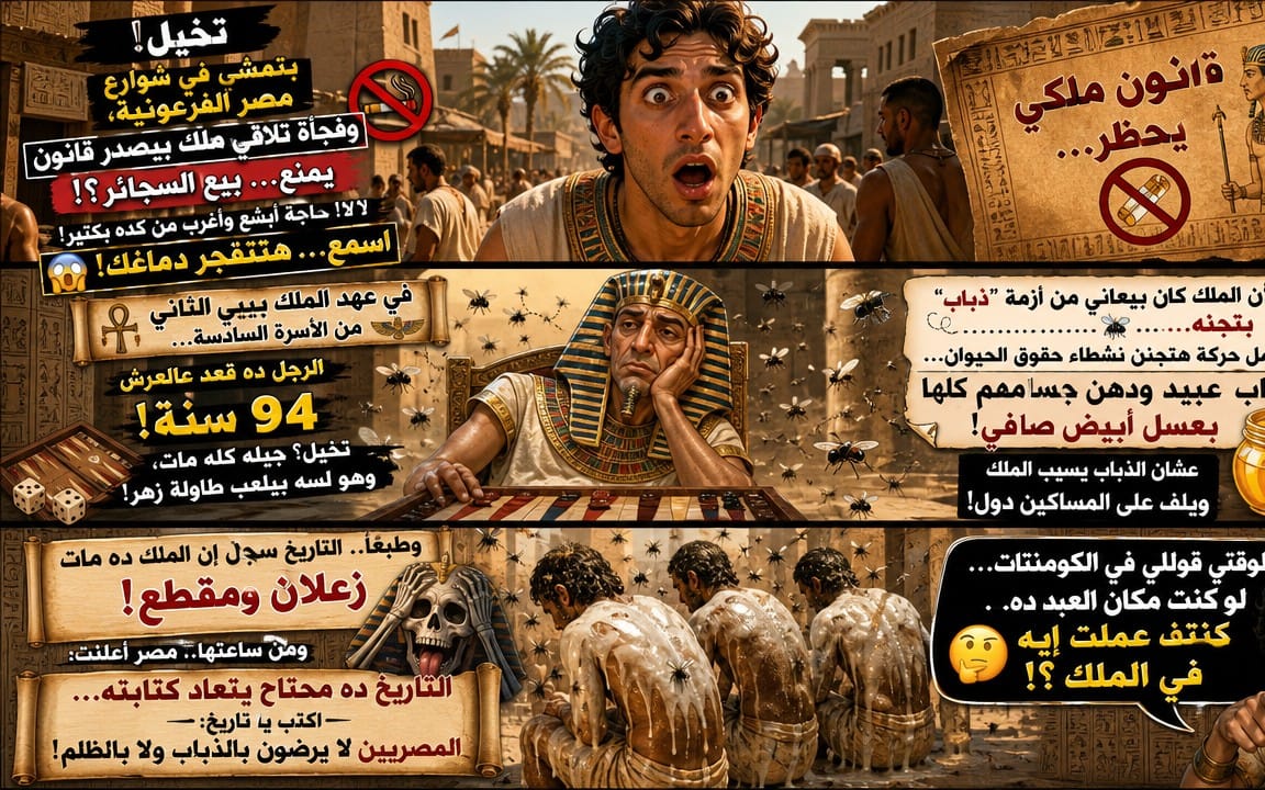 تصميم غلاف جذاب بعبارات عربية وصور فراعنة وتفاصيل لعب ورق يروّج لنموذج تسويقي لبيع المنتجات الرقمية