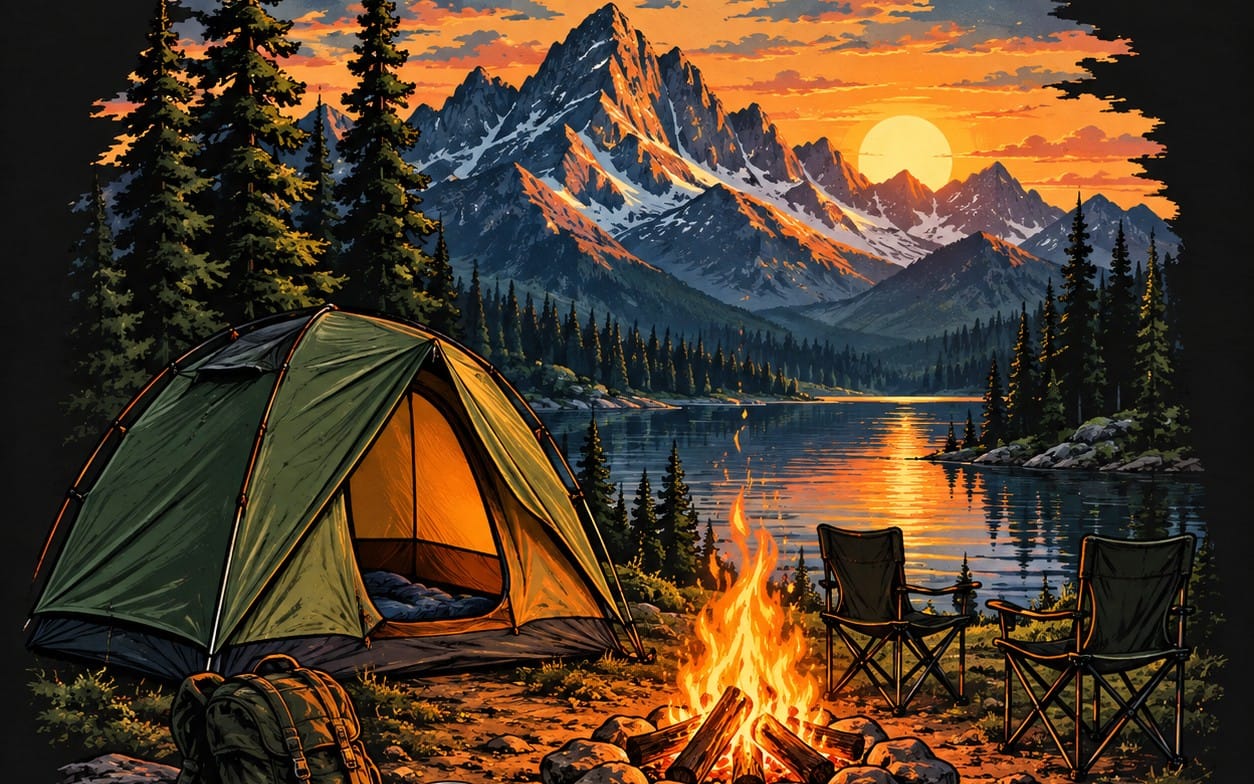 Camping adventure digital illustration of a tent, campfire, chairs, lake, and mountain sunset landscape