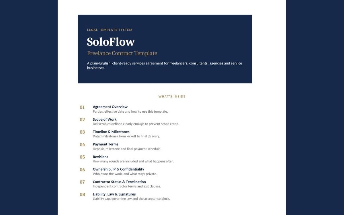 SoloFlow freelance contract template cover and section list for legal agreement for service providers