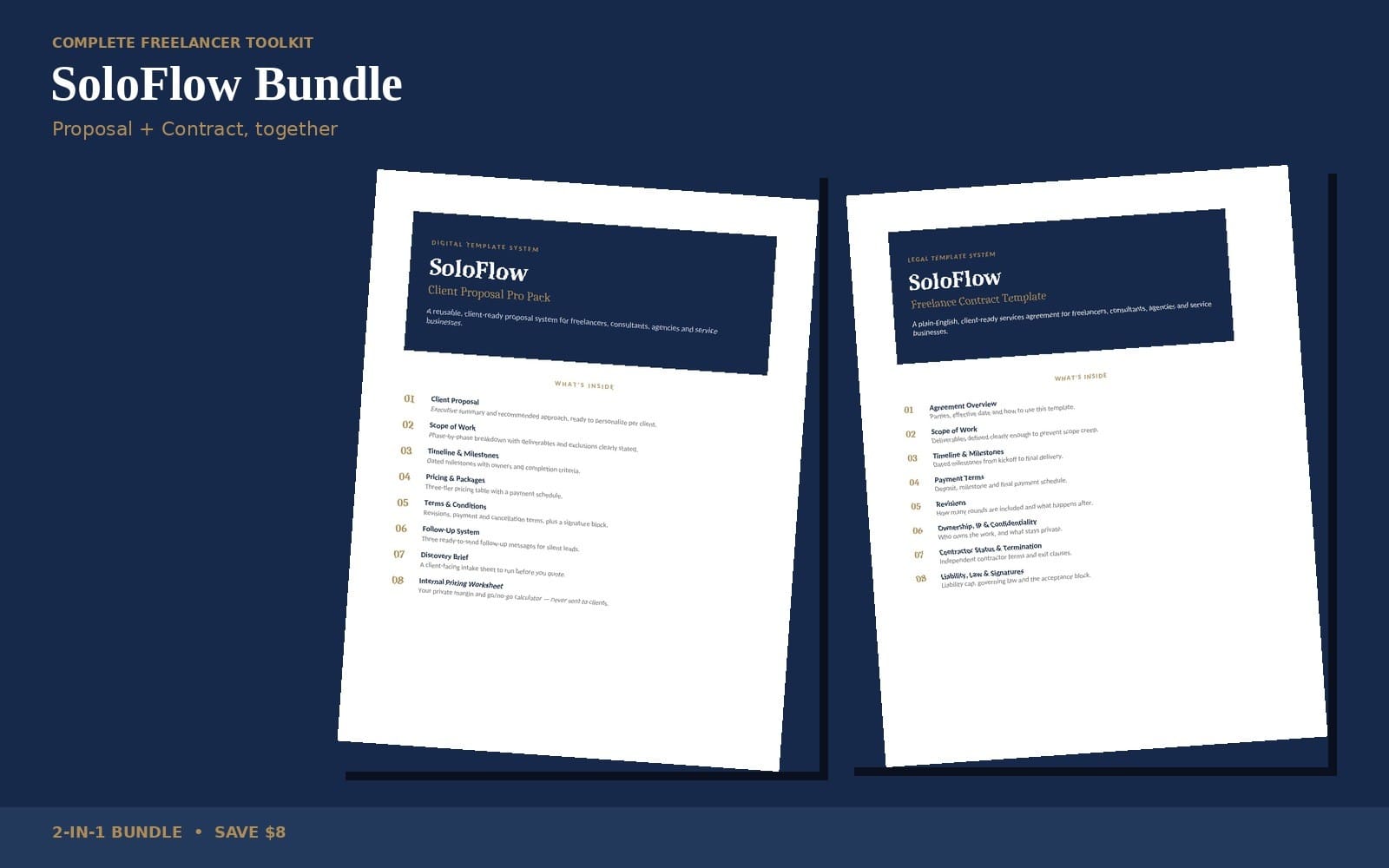 SoloFlow freelancer proposal and contract template bundle preview showing two document pages on a dark blue layout