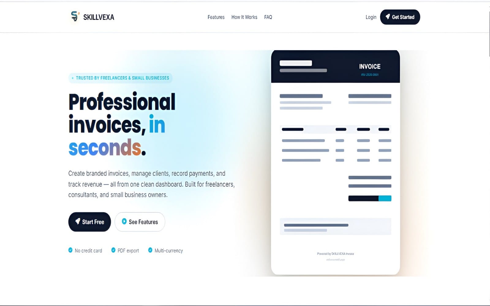 SkillVexa landing page mockup showing a PHP invoice and billing system with client management, PDF export, payments and