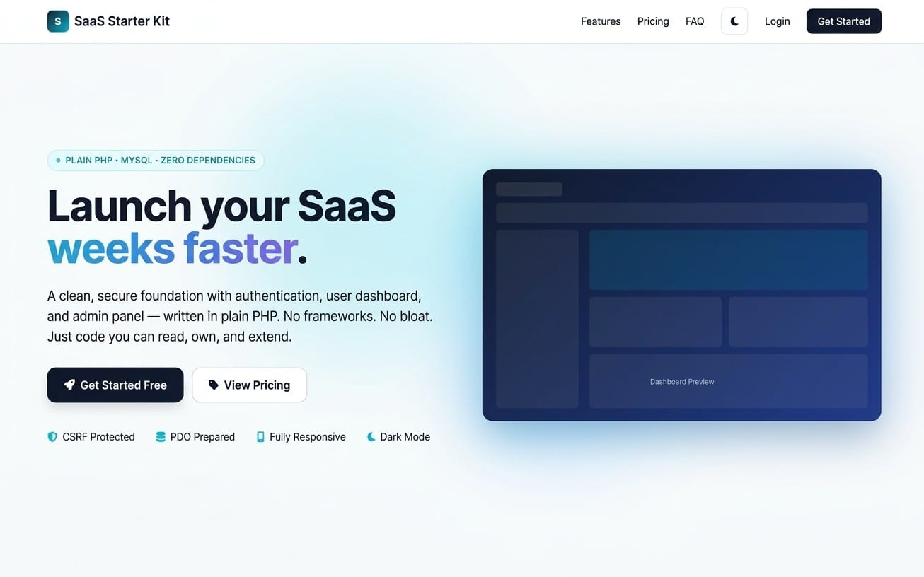 SaaS starter kit landing page mockup with dark dashboard preview and PHP SaaS features text