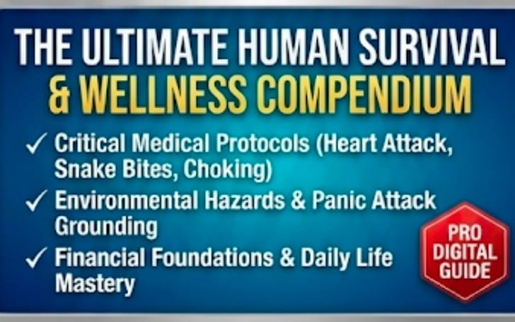 Cover banner for a digital guide titled The Ultimate Human Survival & Wellness Compendium with checklisted topics