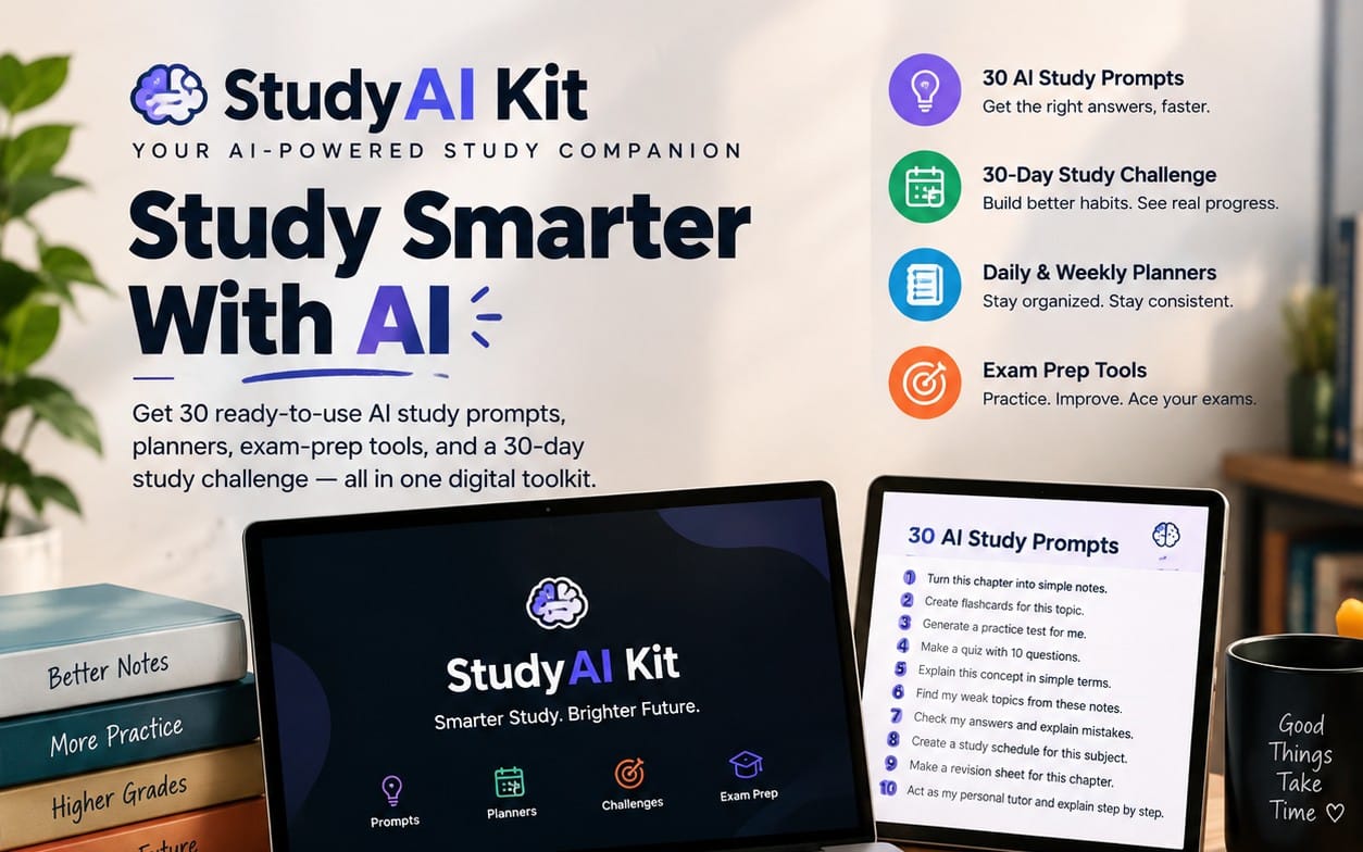 StudyAI Kit digital study companion banner with prompts, planners, challenges, and exam prep on two laptops
