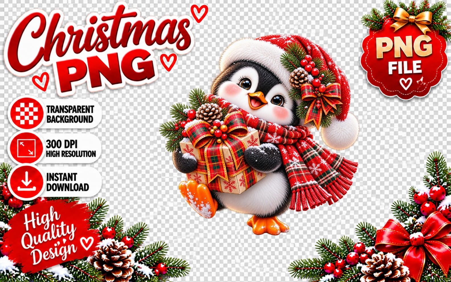 Cute Christmas penguin holding a decorated gift with bells, ribbons, and holiday foliage PNG on transparent background