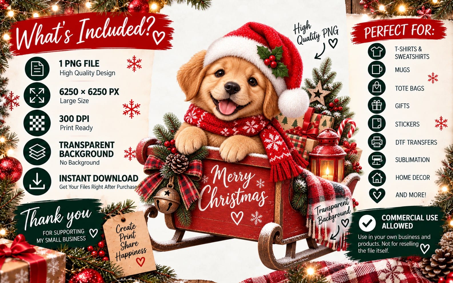 Cute golden puppy wearing a red Santa hat and scarf with Christmas gifts and Merry Christmas text PNG design